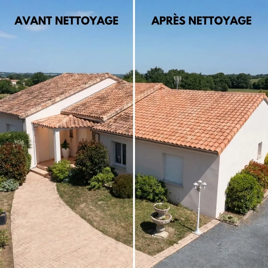 Démoussage de toiture avant après à Montluçon